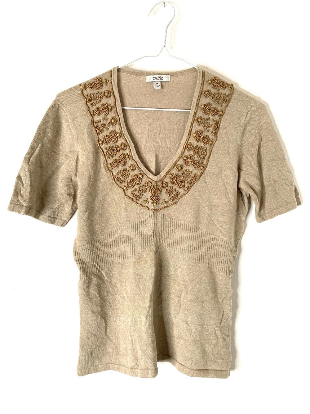 Cache Linen Blend Beaded Embellished V Neck Fitted Sweater Top Y2K Boho